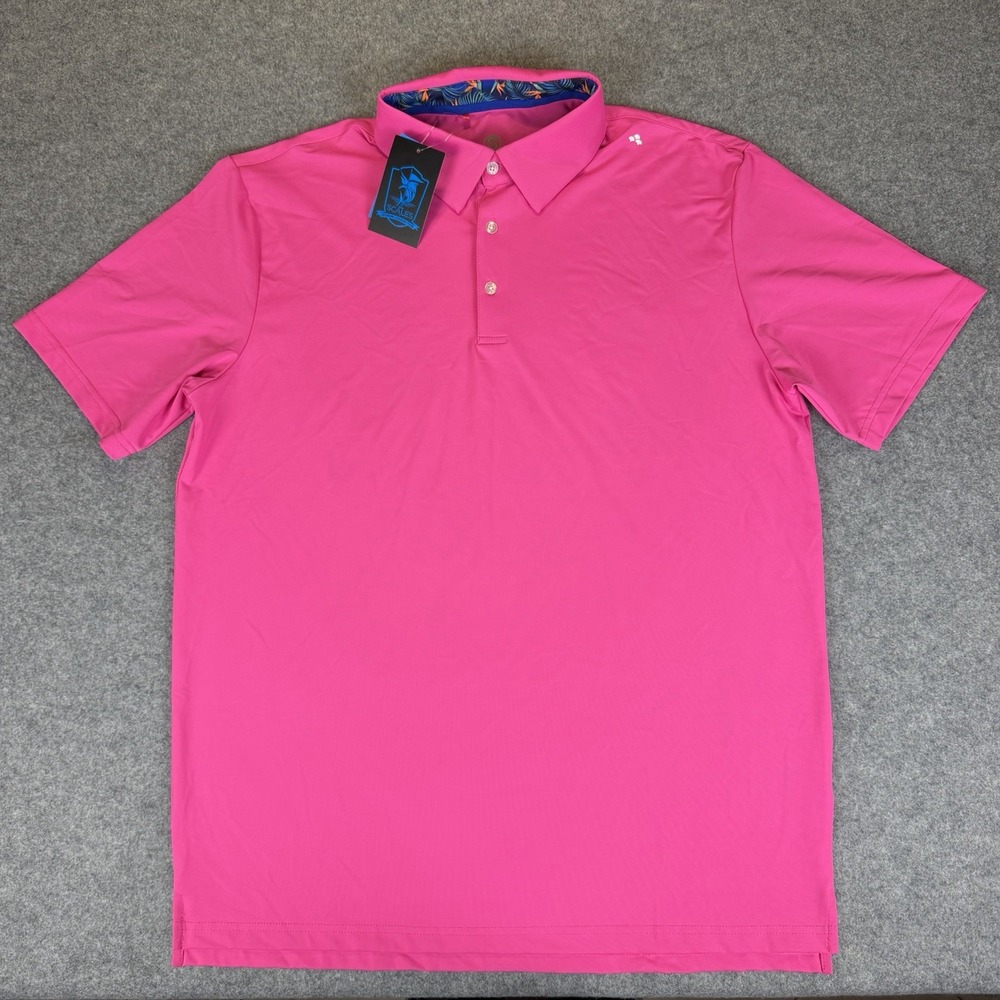 Scales Polo Shirt Mens Large L Hot Pink Tropical Floral Collar Fish Golf Top New